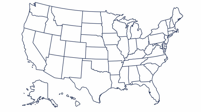 USA Administrative Map Outline featuring Detailed Borders of the 48 Contiguous States with Alaska and Hawaii Insets for Educational Materials Geopolitical Analysis National Logistics Branding
