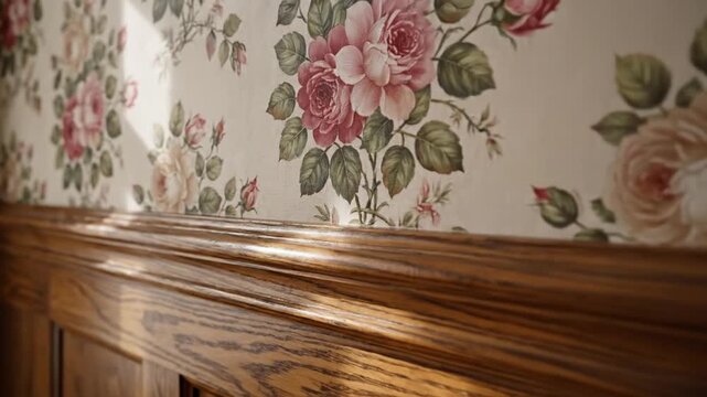 Classic floral wallpaper and wooden wainscoting on interior home wall