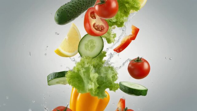 Fresh vegetables and fruits exploding in mid-air, captured from a dynamic viewpoint showcasing a vibrant salad preparation scene