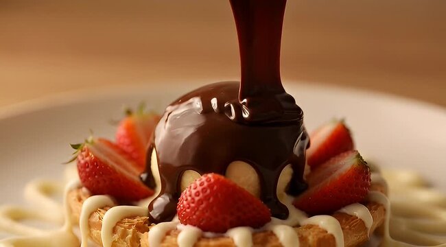A delectable waffle creation being doused in rich dark chocolate syrup