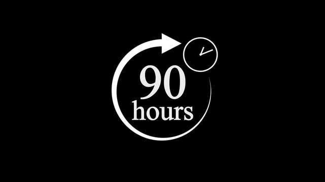 90 Hours Countdown Timer Animation. Stopwatch Clock icon with 90 Hour&rsquo;s Time Management on Black Background. 4k video.