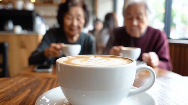 Close-up latte art with blurred happy senior women in cafe