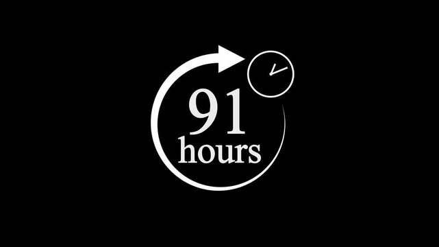91 Hours Countdown Timer Animation. Stopwatch Clock icon with 91 Hour&rsquo;s Time Management on Black Background. 4k video.