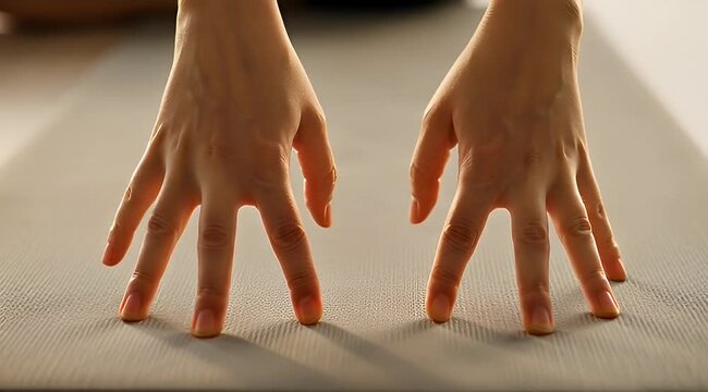 Close up shot of two hands pressing flat on yoga mat surface