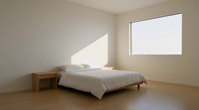 minimalist bedroom with natural light streaming in through a rectangular window
