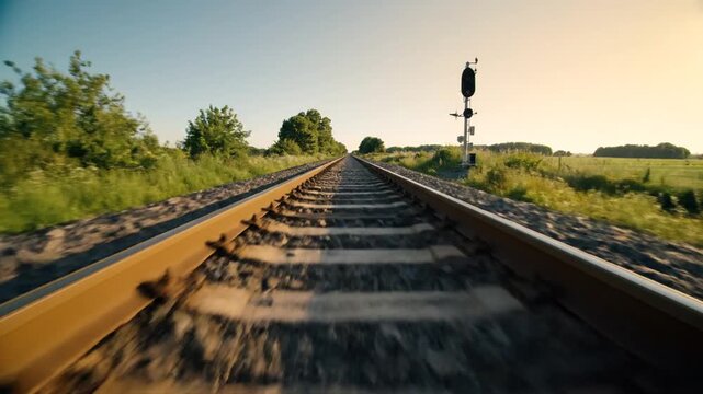 Railroad tracks stretching through green rural landscape at golden hour