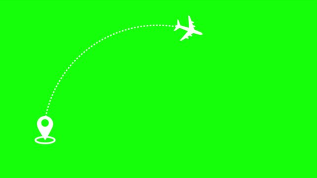 Airplane line path icon of airplane flight, travel flying route destination, air plane flight route with start point, Travel on airplane map simple animation background. green screen. 4k video.