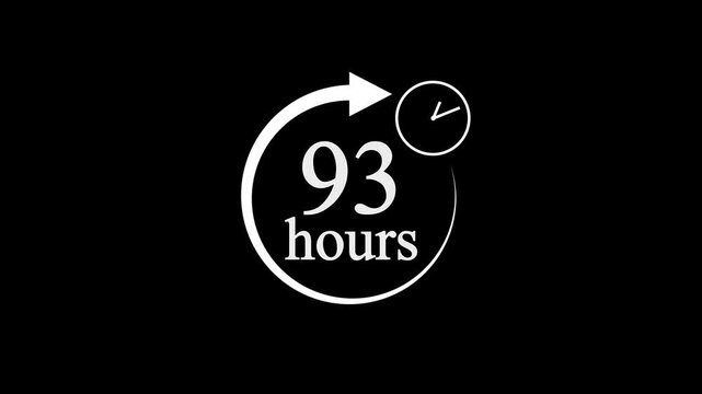 93 Hours Countdown Timer Animation. Stopwatch Clock icon with 93 Hour&rsquo;s Time Management on Black Background. 4k video.