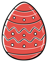 Cartoon Easter egg decoration in red with white dots and wavy lines.