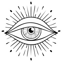 Mystical all-seeing eye with rays, black and white line art