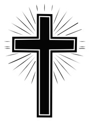 Silhouette illustration of a Christian cross with radiating light rays, symbol of faith.