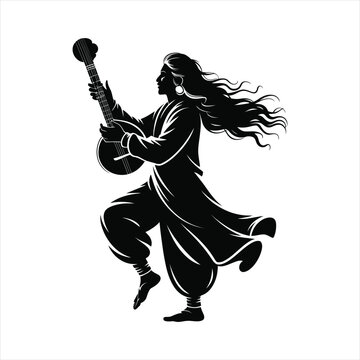 Indian woman playing ektara musical instrument in traditional dance pose silhouette vector illustration
