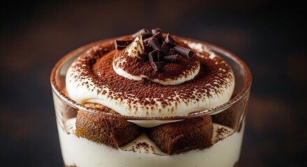 Classic Tiramisu Dessert in Glass Cup with Cocoa Powder and Chocolate Shavings