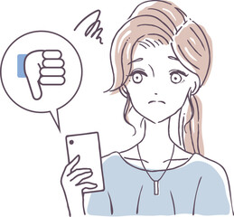 SNSで低評価ボタンを押す女性　ベクターイラスト素材