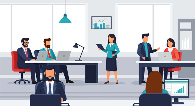 Professional Team Working in Modern Open Office Environment. Flat Vector Illustration of Corporate Employees Collaborating on Business Projects.