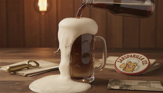 Root beer pouring into a glass with a thick, foamy head forming, set against a wooden table with vintage decor to evoke nostalgia
