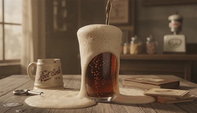 Root beer pouring into a glass with a thick, foamy head forming, set against a wooden table with vintage decor to evoke nostalgia
