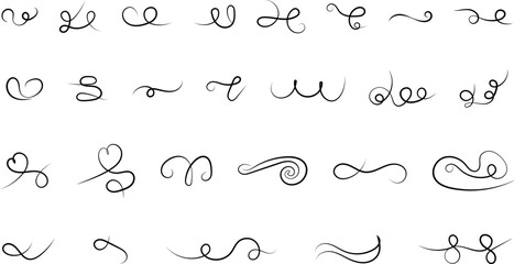 Naklejka premium Vintage swirl ornament flourishes set. Decorative calligraphic curls and dividers line style. filigree flourishes script cursive swirls, ornament flourish corner decorative elements collection