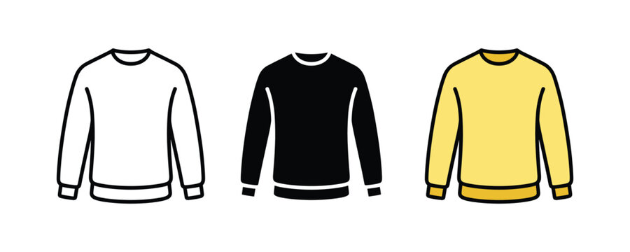 Casual sweatshirt and long sleeve shirt icon set. Comfortable fleece pullover symbol for winter fashion, apparel branding, and sportswear design. Vector Illustration.