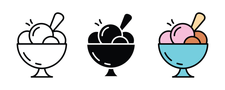 Ice cream bowl dessert icon set. Sweet scoops with wafer stick symbol for summer treat, gelateria menu, and snack bar design. Vector Illustration.