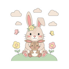 Obraz premium Cute Mother and Baby Rabbits Hugging Spring Vector Illustration