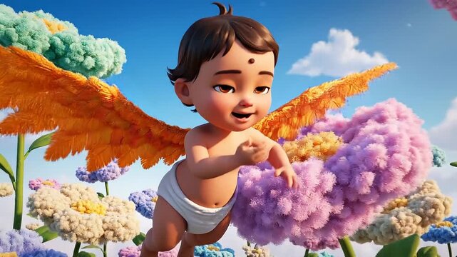 Cute baby angel flying among colorful flowers. Joyful atmosphere captivates with vibrant petals. Magical moment inspires happiness and wonder in beautiful garden setting.