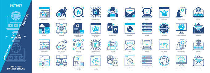 Botnet icon set. Stealing Data, Robot, Spam, Server, Malware, Cyber Security, Devices, Internet. Duotone color solid and editable outline icons © Genestro