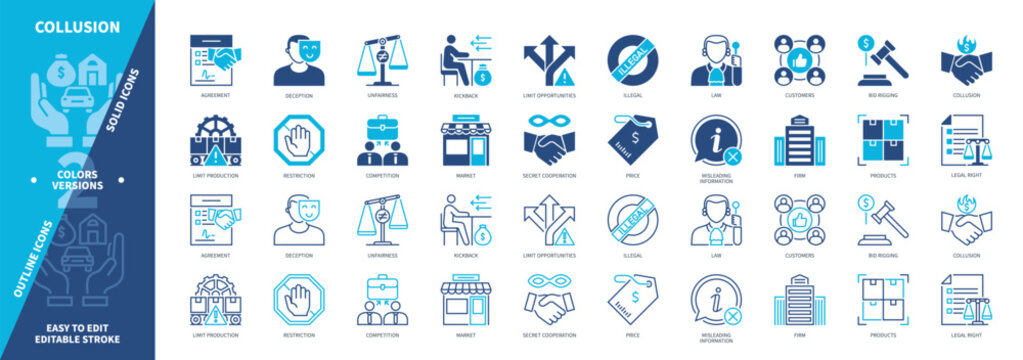 Collusion icon set. Deception, Kickback, Illegal, Bid Rigging, Secret Cooperation, Restriction, Competition, Firm. Duotone color solid and editable outline icons