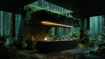 Modern Kitchen Design Integrated with Nature Featuring Lush Greenery and Natural Light in Serene Forest