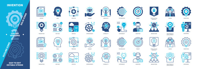 Invention icon set. Improvement, Efficiency, Intellectual Property, Vision, Creativity, Unique, Innovation, Patent. Duotone color solid and editable outline icons © Genestro
