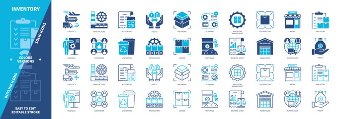 Inventory icon set. Profit, Warehouse, Packaging, Production, Materials, Distribution, Goods, Logistics. Duotone color solid and editable outline icons