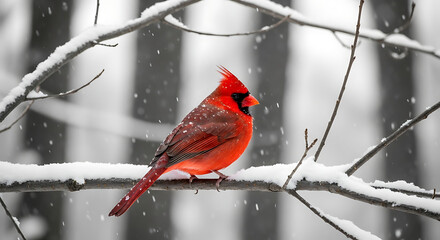 Winter Forest Snowfall with Red Cardinal on Branch Splash of Color in White