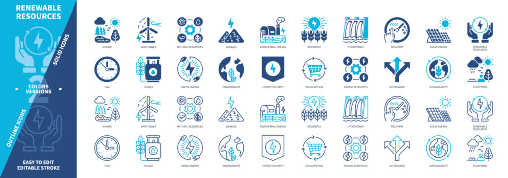 Renewable Resources icon set. Bioenergy, Nature, Environment, Green Energy, Ecosphere, Recovery, Energy Security, Biomass. Duotone color solid and editable outline icons