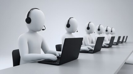 Customer Support Team Working with Headsets and Laptops Representing Call Center Service, Technical Assistance, and Online Help Desk Operations