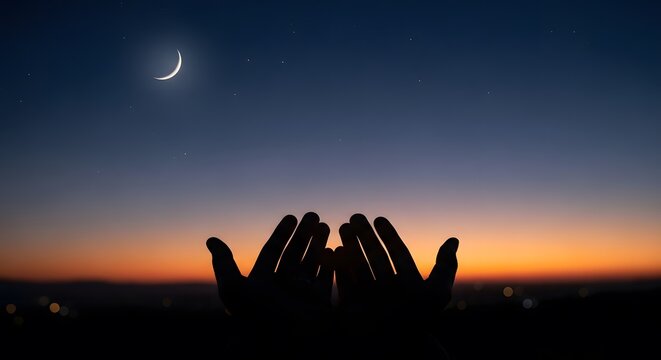 Silhouette of Hands Raised in Dua Against Twilight Crescent Moon Sky