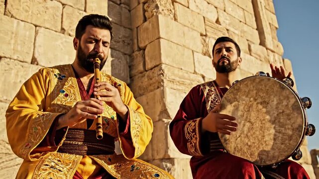 Two Middle Eastern musicians playing traditional ney flute and frame drum against ancient stone ruins for cultural heritage concept and timeless artistry