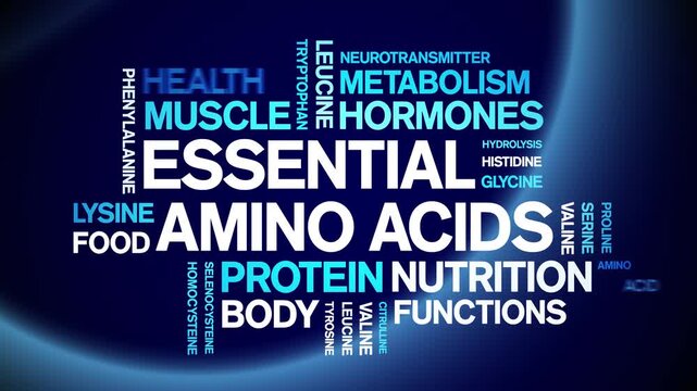 Essential Amino Acids animated word cloud-text design animation tag kinetic typography seamless loop.