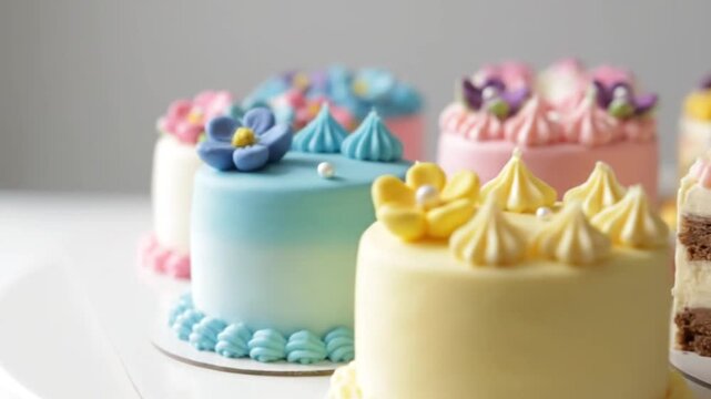 Colorful mini cakes decorated with flowers on white background