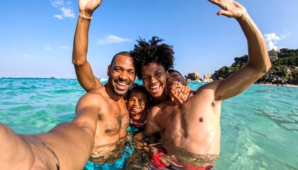 Three friends in swimwear smiling and posing in shallow ocean water