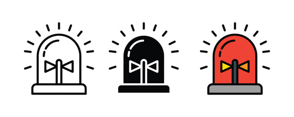 Emergency siren flasher icon set. Police car strobe light, ambulance warning beacon, and fire truck alert symbol for security and safety design. Vector Illustration. © Jakiya Graphics