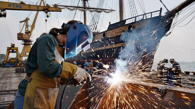 Welding operation at shipyard. Skilled welder uses welding equipment on historic ship restoration. Team collaborates to ensure quality craftsmanship in maritime industry.