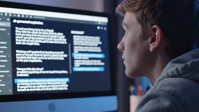 AI learning tools virtual classroom concepts. Focused Student Education Study Online Virtual Classroom AI Learning Tools Software Computer Monitor Screen Digital Lesson Content Serious Emotional