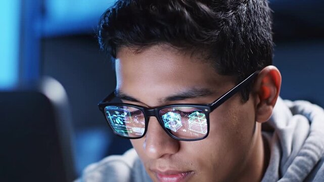 AI learning tools virtual classroom concepts. Young Male Student Uses AI Learning Tools In Virtual Classroom Computer For Education With Serious Man Focused On Future Tech Data Glowing On Glasses