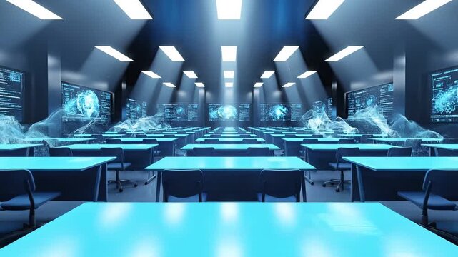 AI learning tools virtual classroom concepts. Futuristic Virtual Classroom AI Learning Tools Transform Education Technology Future School Hub Featuring Glowing Blue Desks Advanced Immersive Digital