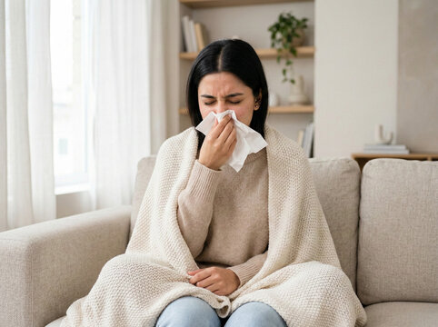 indian woman sneezing with tissue on sofa wrapped in blanket representing seasonal flu cold symptoms home recovery and healthcare awareness campaign concept