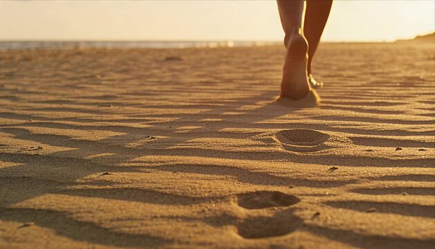Barefoot running footprint on sand beach at sunset, summer vacation travel fitness freedom along seashore coastline, ocean wave horizon golden light reflection texture pattern step journey leisure