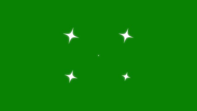 Shimmering twinkling star animation, white cartoon blinking stars, flat vector doodle sparkle, shiny with glowing burst, starlight, and blinking  effect on a green background video.4K animation