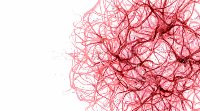Abstract generative biological pattern with branching coral pink capillaries and neural networks on white background.
