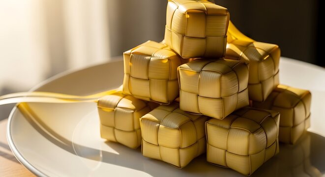 A Stack of Delicious Ketupat Rice Cakes on a White Plate.