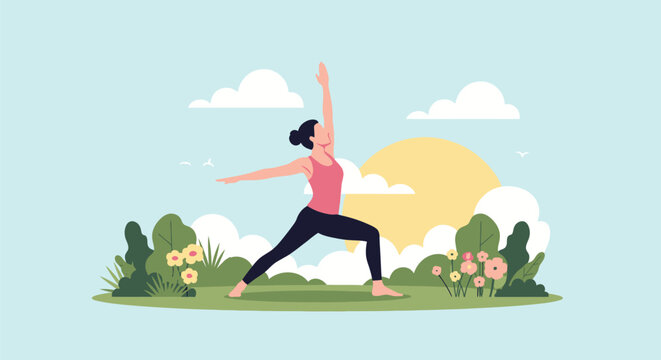 Woman Practicing Warrior Yoga Pose Outdoors at Sunrise, Serene Mindfulness and Wellness Flat Vector Illustration